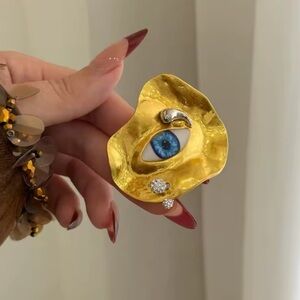 Surrealist Gold Eye Statement Artistic Blue Iris Design, Avant-Garde Ring